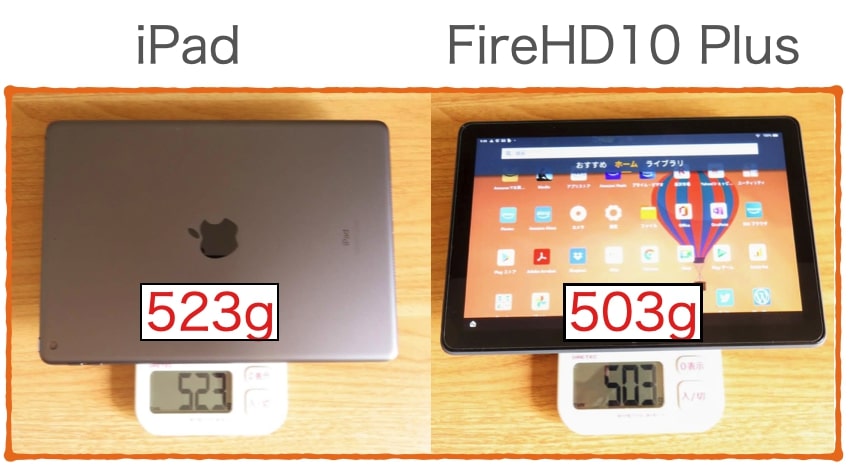 FireHD10 PlusとiPadの重さを比較